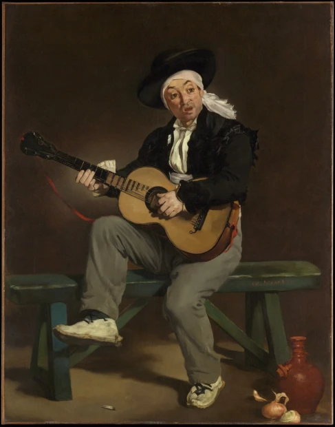 Reprodukcja The Spanish Singer, Edouard Manet - Wzór graficzny. Mężczyzna grający na gitarze, siedzący na ławce, z butelką