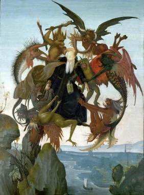 Reprodukcja The Torment of Saint Anthony, Michelangelo - Wzór graficzny. Postać świętego otoczona demonami w dynamicznych