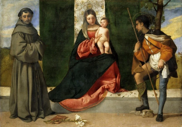 Reprodukcja The Virgin and Child between Saint Anthony of Padua and Saint Roque, Tycjan - Wzór graficzny. Obraz przedstawia