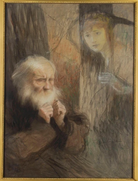 Reprodukcja Wizja - wspomnienie, Teodor Axentowicz - Wzór graficzny. Mężczyzna z brodą w brązowej szacie, obok postać
