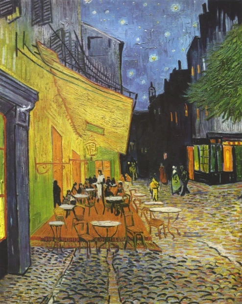 Reprodukcja Cafe Terrace at Night, Vincent van Gogh - Aranżacja w kawiarni. Ściany w ciepłych odcieniach żółtego i zielonego