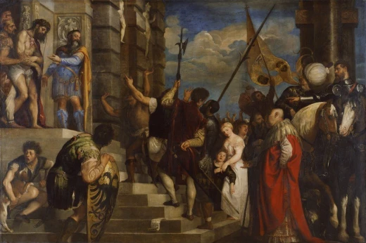 Reprodukcja obrazu Ecce homo Tycjana przedstawiająca tłum zgromadzony przed skazanym Chrystusem i Piłatem