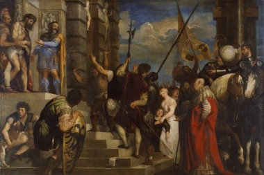 Reprodukcja Ecce homo, Tycjan - Wzór graficzny. Scena z postaciami, schodami i flagami na tle nieba