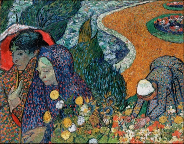 Reprodukcja Memory of the Garden at Etten, Vincent van Gogh - Wzór graficzny. Obraz przedstawia postacie w ogrodzie, kwiaty