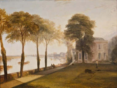 Reprodukcja Mortlake Terrace Early Summer Morning, William Turner - Aranżacja w salonie. Ściany w jasnym kolorze, meble