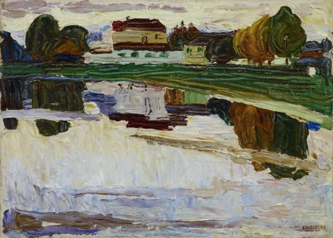 Reprodukcja Nymphenburg, Wassily Kandinsky - Aranżacja w pokoju dziennym. Ściany w jasnych odcieniach, drewniane meble