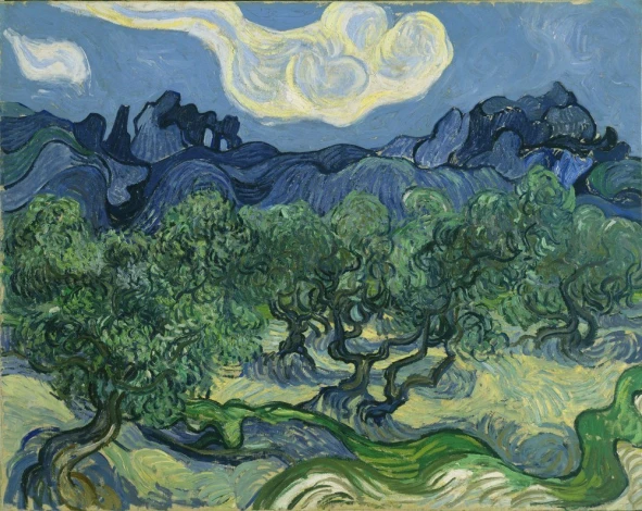 Reprodukcja Olive Trees with the Alpilles in the Background, Vincent van Gogh - Wzór graficzny. Obraz przedstawia zawirowane