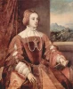 Reprodukcja Portrait of Isabella of Portugal, Tycjan - Wzór graficzny. Postać kobiety w bogatej sukni, z biżuterią, w tle