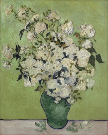 Reprodukcja Roses, Vincent van Gogh - Wzór graficzny. Białe róże w zielonym wazonie na jasnym tle