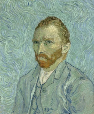 Reprodukcja Autoportret 1889, Vincent van Gogh - Wzór graficzny. Mężczyzna z brodą w niebieskiej kurtce na tle falujących