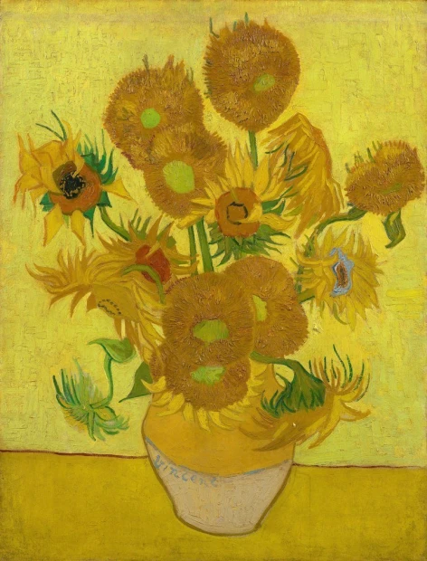 Reprodukcja Słoneczniki, Vincent van Gogh - Wzór graficzny. Żółte tło z bukietem słoneczników w wazonie