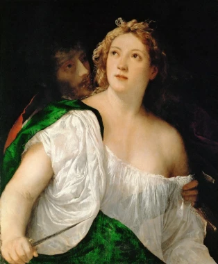 Reprodukcja Tarquinius and Lucretia, Tycjan - Wzór graficzny. Postać kobiety w białej sukni z zielonym elementem, mężczyzna