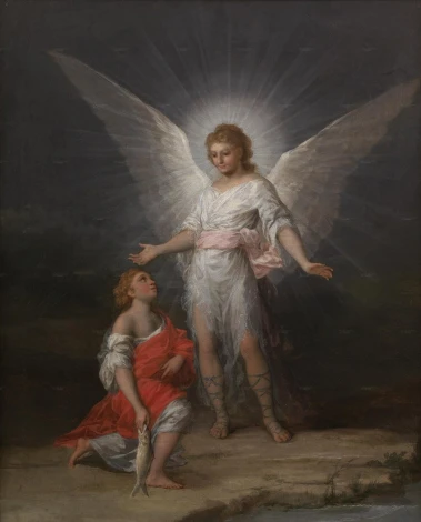Reprodukcja Tobias y el angel, Francisco Goya - Wzór graficzny. Postacie anioła i Tobiasza w dynamicznych pozach