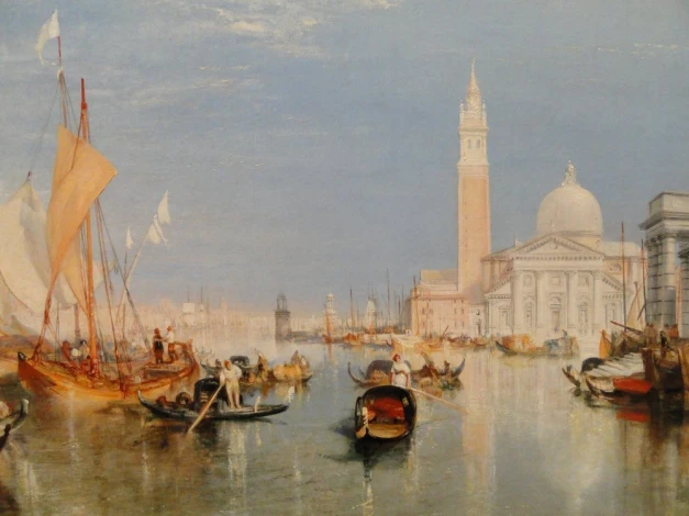 Reprodukcja Venice - The Dogana and San Giorgio Maggiore, William Turner - Wzór graficzny. Obraz przedstawia wodę, łodzie