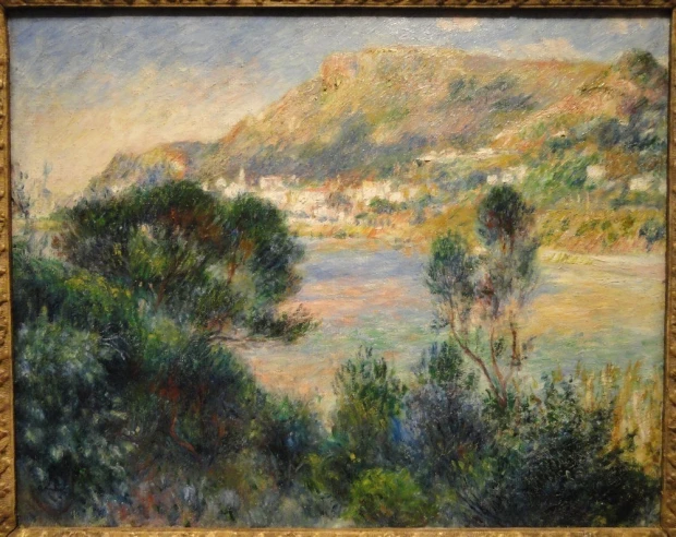Reprodukcja obrazu Auguste\'a Renoira View From Cap Martin of Monte Carlo przedstawiająca pejzaż z zatoką i wzgórzem