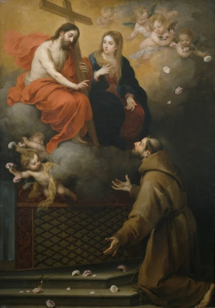 Reprodukcja Vision de San Francisco en la Porciuncula, Bartolome Esteban Murillo - Wzór graficzny. Postacie w chmurach