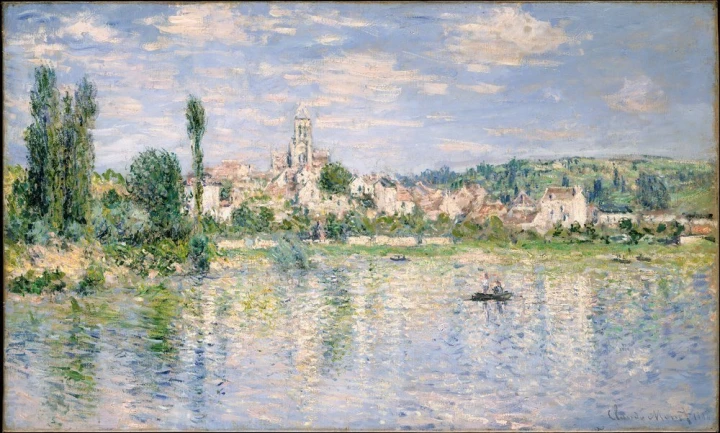 Reprodukcja Vetheuil in Summer, Claude Monet - Wzór graficzny. Obraz przedstawia wieś nad rzeką, z budynkami, drzewami