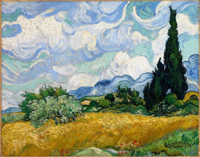 Reprodukcja Wheat Field with Cypresses, Vincent van Gogh - Wzór graficzny. Obraz przedstawia pole pszenicy, cyprysy i niebo