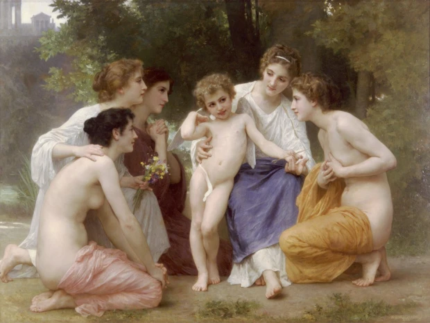 Reprodukcja Admiration, William-Adolphe Bouguereau - Wzór graficzny. Grupa kobiet w różnych pozach otacza chłopca, w tle