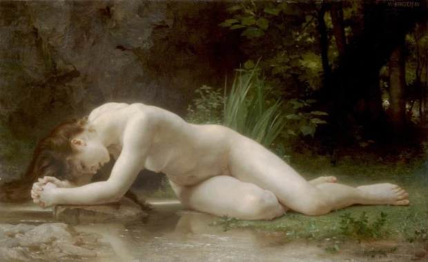 Reprodukcja Byblis, William-Adolphe Bouguereau - Wzór graficzny. Postać kobieca leży na brzuchu, z głową opartą na dłoniach