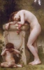Reprodukcja Elegy, William-Adolphe Bouguereau - Wzór graficzny. Postać kobieca oparta na postumencie, obok aniołek z płaczem