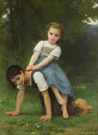 Reprodukcja obrazu La Bourrique Williama-Adolpha Bouguereau przedstawiająca bawiące się na polanie dziewczynki
