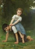 Reprodukcja La Bourrique, William-Adolphe Bouguereau - Wzór graficzny. Dwie dziewczynki bawią się na trawie, jedna siedzi