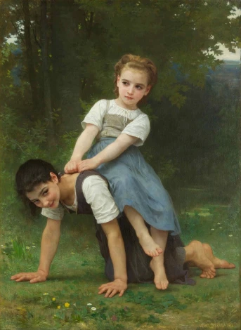 Reprodukcja La Bourrique, William-Adolphe Bouguereau - Wzór graficzny. Dwie dziewczynki bawią się na trawie, jedna siedzi