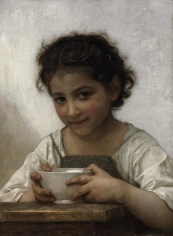 Reprodukcja La soupe au lait, William-Adolphe Bouguereau - Wzór graficzny. Chłopiec trzyma misę, uśmiecha się, ma ciemne