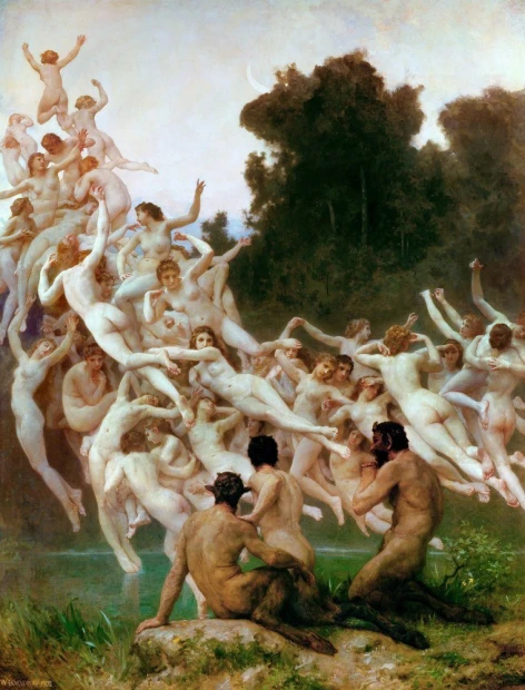 Reprodukcja Les Oreades, William-Adolphe Bouguereau - Wzór graficzny. Postacie nagie w ruchu, otoczone naturą