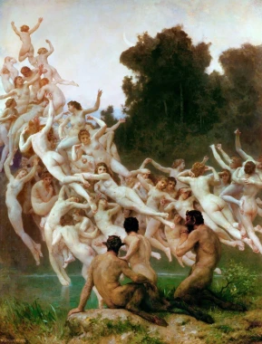 Reprodukcja Les Oreades, William-Adolphe Bouguereau - Wzór graficzny. Postacie nagie w ruchu, otoczone naturą