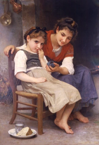 Reprodukcja Little Sulky, William-Adolphe Bouguereau - Aranżacja w wnętrzu domowym. Ściany w ciepłych odcieniach, drewniane