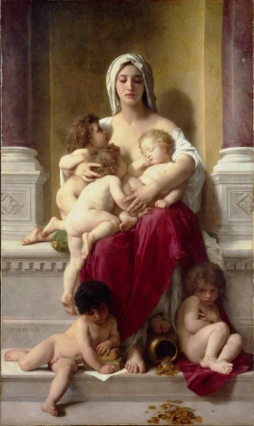 Reprodukcja Miłość, William-Adolphe Bouguereau - Wzór graficzny. Postać matki z dziećmi w różnych pozach, w ciepłych