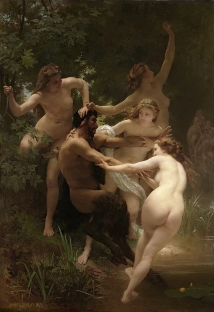 Reprodukcja Nymphs and Satyr, William-Adolphe Bouguereau - Wzór graficzny. Postacie w ruchu, otoczone naturą, z różnymi