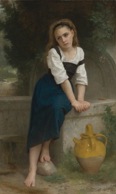 Reprodukcja Orphan by a Spring, William-Adolphe Bouguereau - Wzór graficzny. Dziewczynka siedzi na murku, obok dzbanek