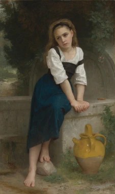 Reprodukcja Orphan by a Spring, William-Adolphe Bouguereau - Wzór graficzny. Dziewczynka siedzi na murku, obok dzbanek