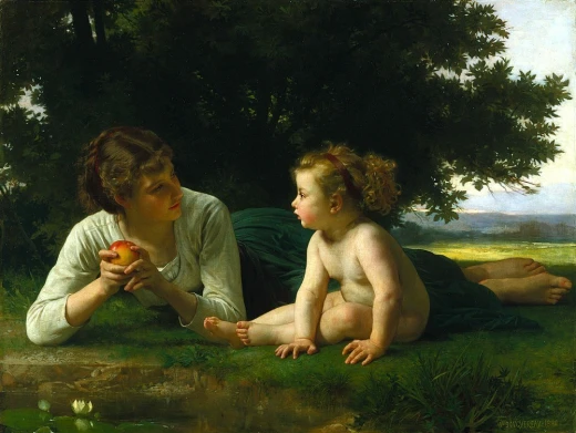 Reprodukcja obrazu Temptation Williama-Adolphe\'a Bouguereau przedstawiająca kobietę z jabłkiem i małe dziecko