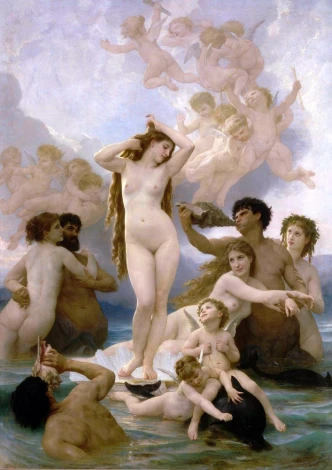 Reprodukcja The Birth of Venus, William-Adolphe Bouguereau - Wzór graficzny. Postacie ludzkie w różnych pozach, woda