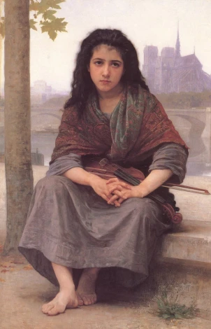 Reprodukcja The Bohemian, William-Adolphe Bouguereau - Wzór graficzny. Młoda kobieta siedzi z skrzypcami, w tle widoczna