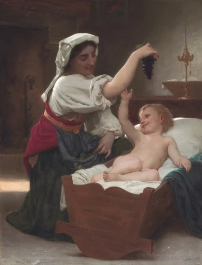 Reprodukcja obrazu The bunch of grapes Williama-Adolphe\'a Bouguereau przedstawiająca kobietę z dzieckiem