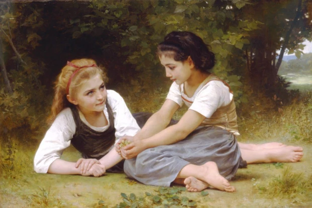 Reprodukcja The Nut Gatherers, William-Adolphe Bouguereau - Wzór graficzny. Dwie dziewczynki siedzą na trawie, jedna trzyma