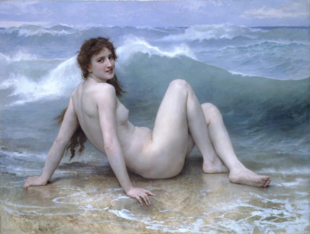 Reprodukcja The Wave, William-Adolphe Bouguereau - Wzór graficzny. Postać kobieca siedzi na plaży, woda falująca w tle