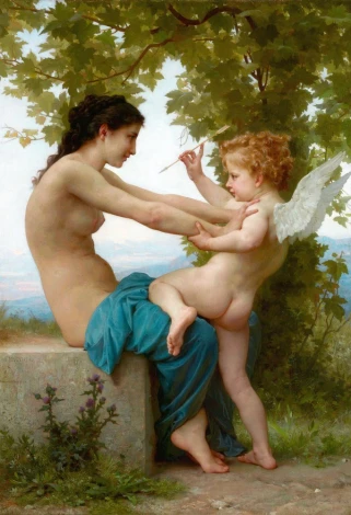 Reprodukcja Una giovane ragazza che si difende da Eros, William-Adolphe Bouguereau - Wzór graficzny. Postać kobiety