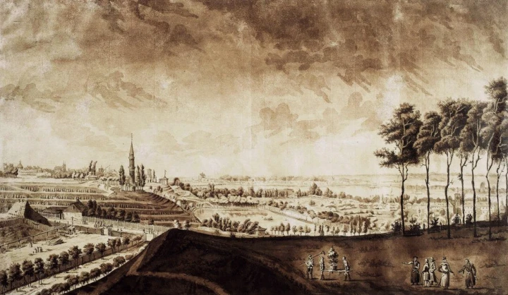 Reprodukcja Widok na ogrody Kazimierza Poniatowskiego w Warszawie, Zygmunt Vogel - Wzór graficzny. Grafika przedstawia