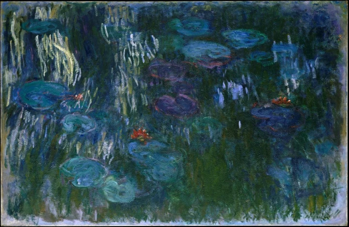 Reprodukcja Water Lilies, 1916, Claude Monet - Wzór graficzny. Obraz przedstawia lilie wodne na ciemnej wodzie z zielonymi
