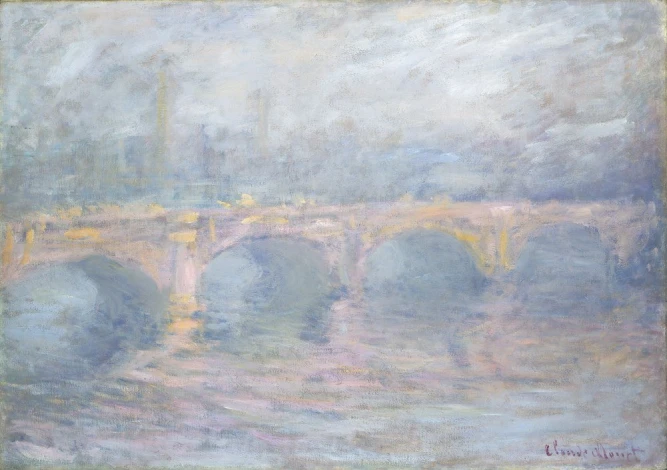 Reprodukcja Waterloo Bridge, London, at Sunset, Claude Monet - Wzór graficzny. Obraz przedstawia most z łukami odbijającymi