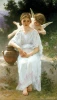 Reprodukcja Whisperings of Love, William-Adolphe Bouguereau - Wzór graficzny. Postać kobiety w białej sukni siedzi obok