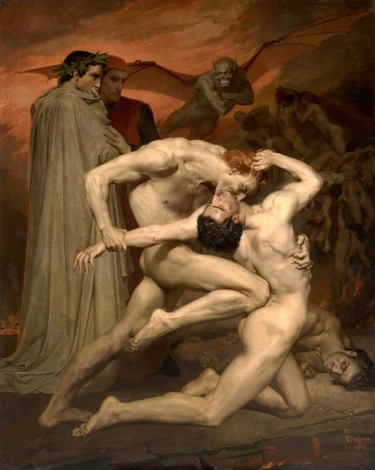 Reprodukcja Dante and Virgil in Hell, William-Adolphe Bouguereau - Wzór graficzny. Dwie postacie mężczyzn w intensywnej