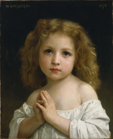 Reprodukcja Little Girl, William-Adolphe Bouguereau - Wzór graficzny. Przedstawia dziewczynkę z blond włosami, w białej