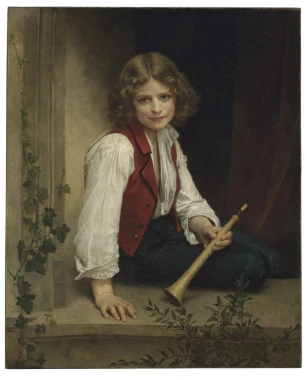 Reprodukcja Pifferaro, William-Adolphe Bouguereau - Wzór graficzny. Chłopiec w białej koszuli i czerwonym kamizelce trzyma